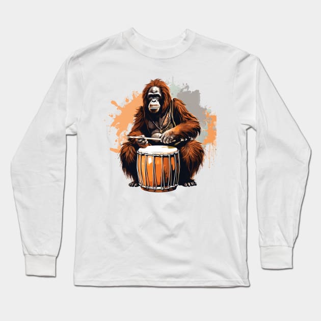 Orangutan playing drums Long Sleeve T-Shirt by Graceful Designs